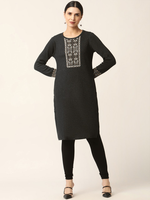 

American Eye Women Charcoal & White Geometric Printed Kurta