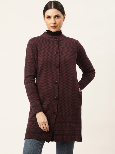 

American Eye Women Maroon Chevron Woven Design Longline Cardigan