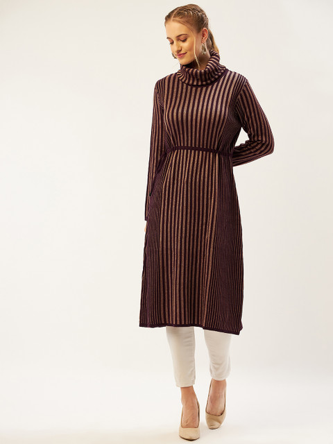 

American Eye Women Burgundy & Beige Striped Winter Kurta