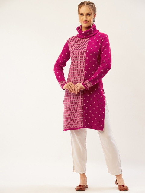 

American Eye Women Pink & White Ethnic Motifs Woven Design Straight Winter Kurta