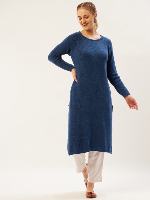 

American Eye Women Blue Self Design Straight Woolen Kurta