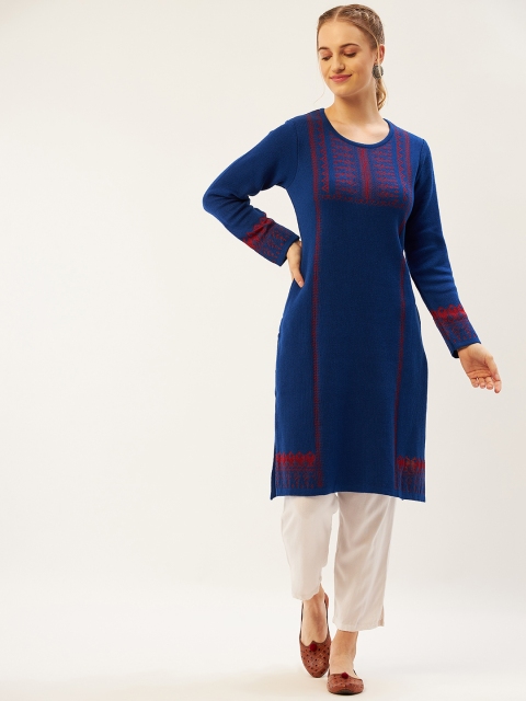 

American Eye Women Blue & Red Ethnic Motifs Printed Woollen Kurta