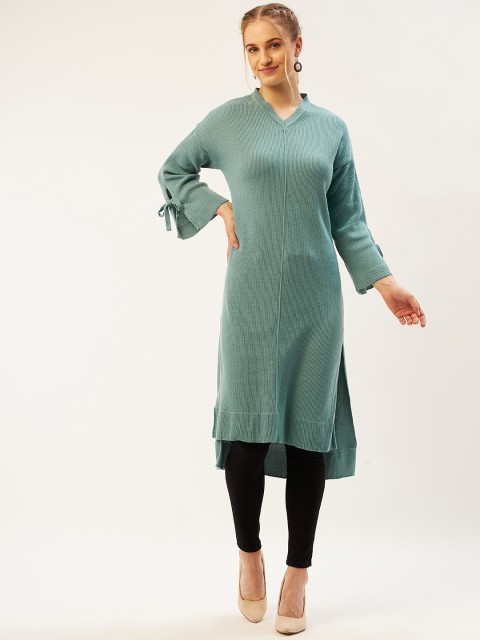 

American Eye Women Sea Green Solid Flared Sleeves Winter Kurta