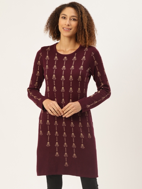 

American Eye Women Maroon & Beige Ethnic Motifs Self Design Winter Kurta