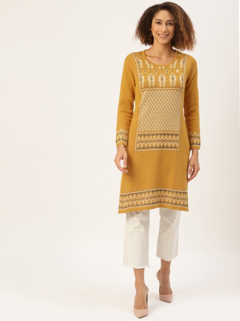 

American Eye Women Mustard Yellow & White Yoke Design Winter Kurta