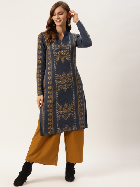 

American Eye Women Grey & Mustard Yellow Woven Design Winter Kurta
