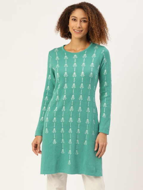 

American Eye Women Green & White Woven Striped Kurta