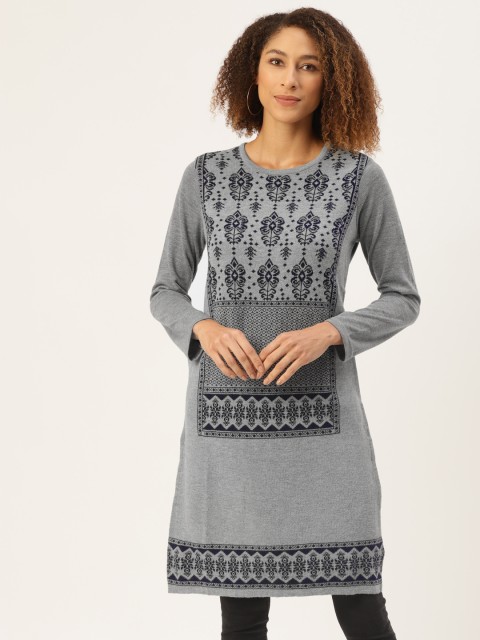 

American Eye Women Grey & Black Ethnic Motifs Woollen Kurta