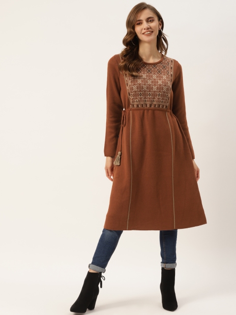 

American Eye Women Rust Brown & Beige Ethnic Motifs Woollen Kurta