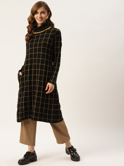 

American Eye Women Black & Yellow Checked Cowl Neck Kurta