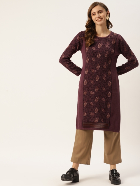 

American Eye Women Purple & Black Ethnic Motifs Self Design Winter Kurta