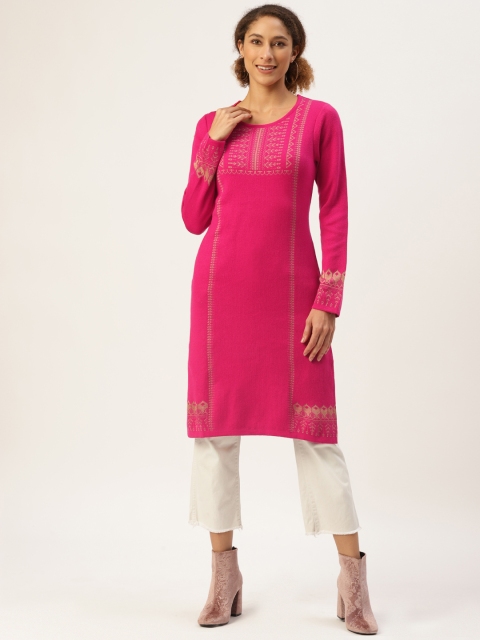 

American Eye Women Pink & Golden Ethnic Motifs Printed Kurta