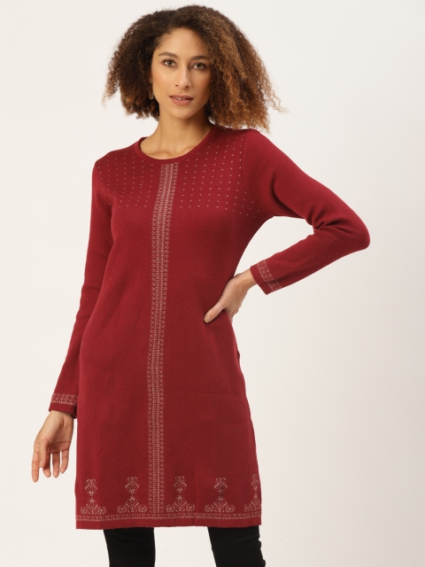 

American Eye Maroon & Off White Ethnic Motifs Woven Design Woollen Kurti