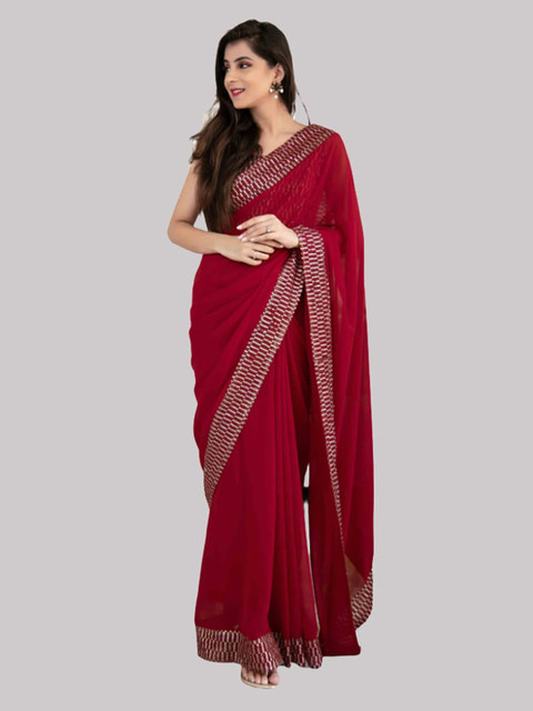 

Fashionuma Red & Silver-Toned Solid Sequinned Saree