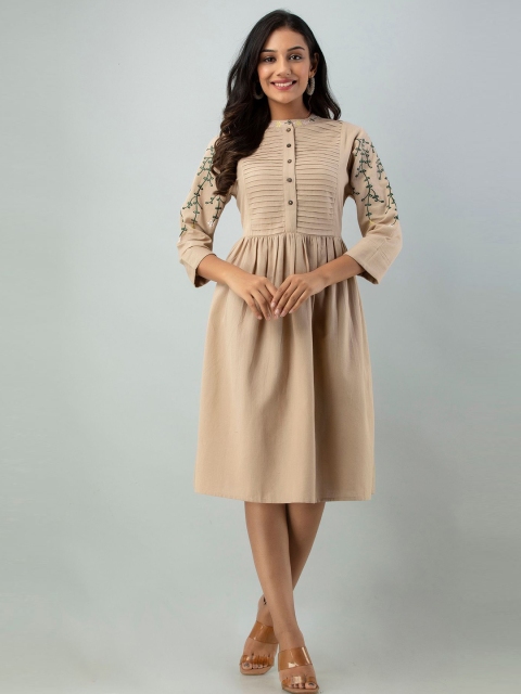 

Sutidora Women Brown Solid Cotton Fit and Flare Dress