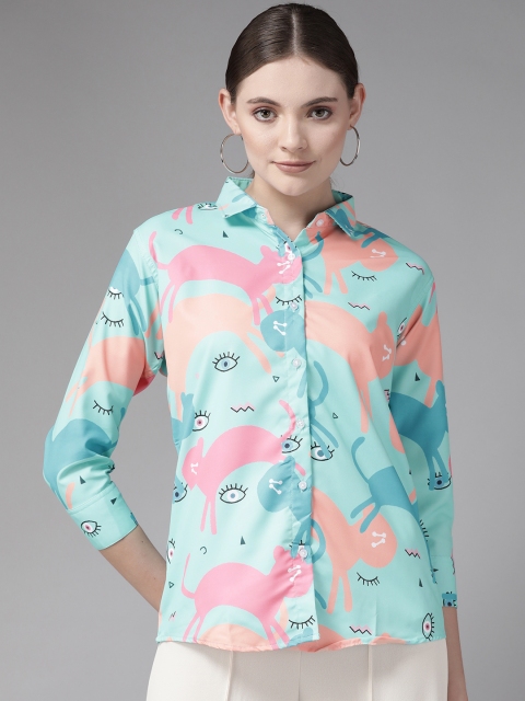 

Aarika Women Turquoise Blue Comfort Animal Printed Cotton Casual Shirt