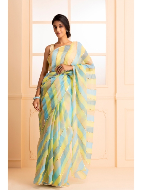 

Geroo Jaipur Green & Blue Leheriya Gotta Patti Ready To Wear Leheriya Saree