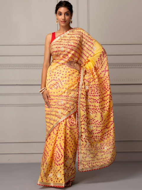 

Geroo Jaipur Yellow & Red Bandhani Gotta Patti Art Silk Ready to Wear Bandhani Saree