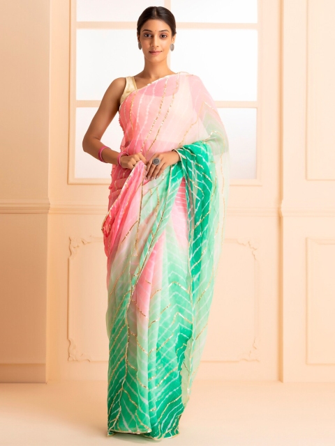 

Geroo Jaipur Green & Pink Leheriya Gotta Patti Ready to Wear Leheriya Saree