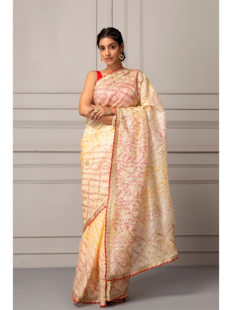 

Geroo Jaipur Cream-Coloured & Maroon Bandhani Gotta Patti Art Silk Bandhani Saree