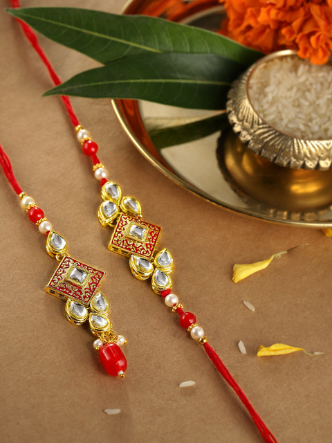 

Anouk Unisex Red Set of 2 Enamelled Multistrand Rakhis With Roli Chawal
