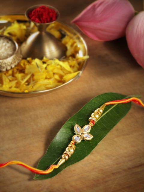 

Anouk Unisex White & Gold-Toned Kundan Studded Multistrand Rakhi With Roli Chawal