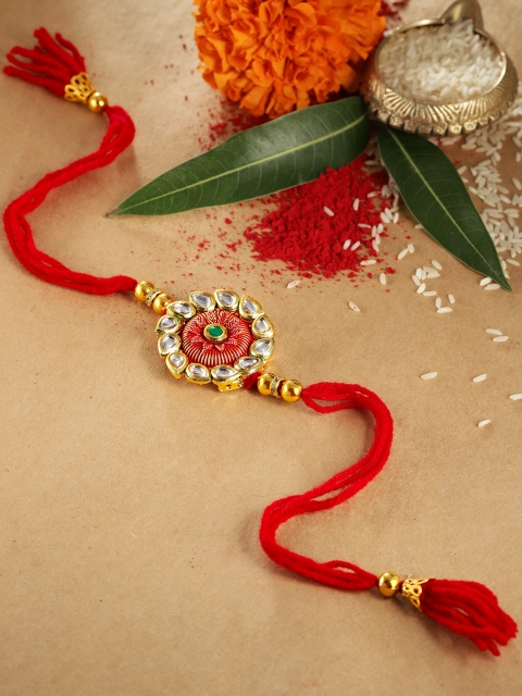 

Anouk Unisex Red Kundan Studded Multistrand Rakhi With Roli Chawal