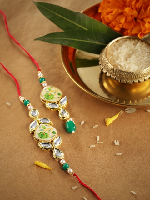 

Anouk Unisex Green Set of 2 Enamelled Thread Rakhis With Roli Chawal