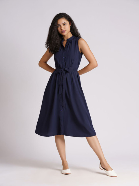 

AASK Navy Blue Crepe A-Line Midi Dress