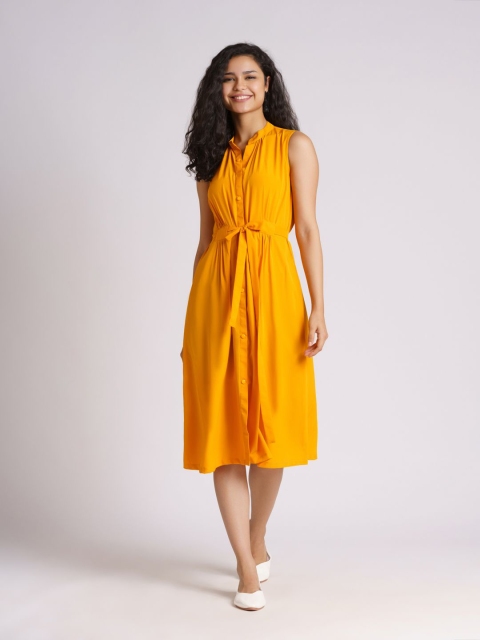 

AASK Mustard Yellow Crepe Belted Midi Dress
