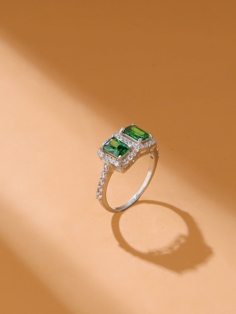 

Hiara Jewels Rhodium-Plated Green American Diamond CZ-Studded Finger Ring, Silver