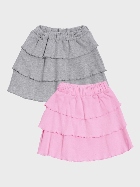 

Kryptic Girls Pack Of 2 Solid Pure Cotton Ruffle Knee Length Skirt, Grey