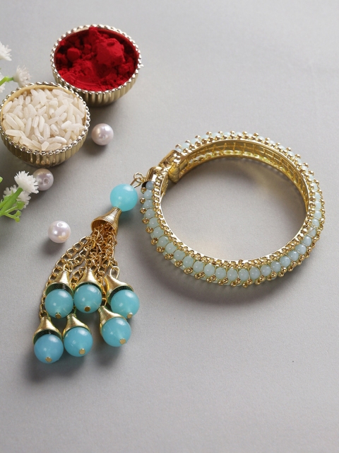 

Aapno Rajasthan Women Gold-Toned Blue Beaded Bracelet/Lumba Rakhi