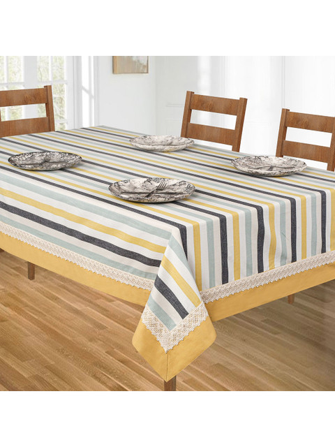 

SHADES of LIFE White & Yellow Striped 6 Seater Pure Cotton Table Cover, Multi