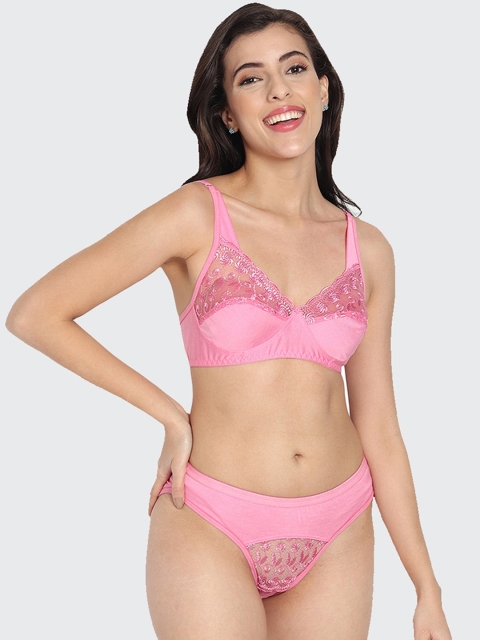 

Fleurt Women Pink Solid Lace Cotton Lingerie Set