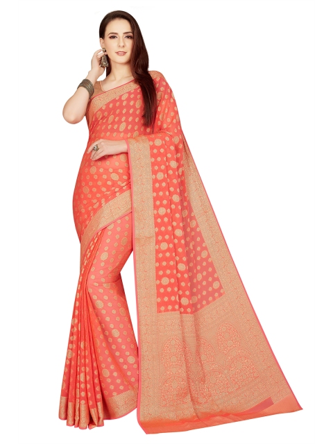 

Rani Saahiba Peach-Coloured & Gold-Toned Woven Design Zari Pure Chiffon Saree