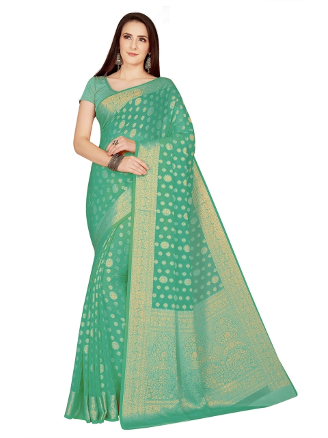 

Rani Saahiba Sea Green & Gold-Toned Ethnic Motifs Zari Pure Chiffon Saree