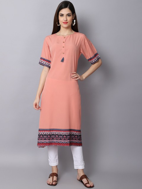 

ALC Creations Women Orange Flared Sleeves Thread Work Pastels Crepe Kurta