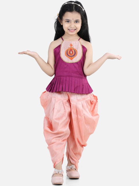 

BownBee Girls Purple & Peach Embroidered Top With Dhoti Pants