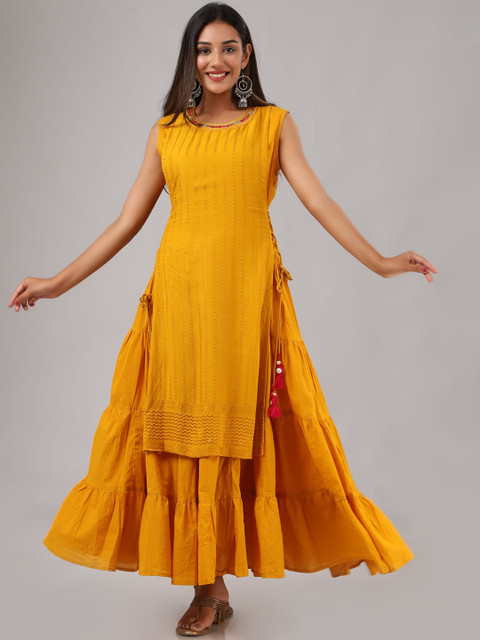 

FASHION DWAR Women Mustard Yellow Printed Ethnic Dresses