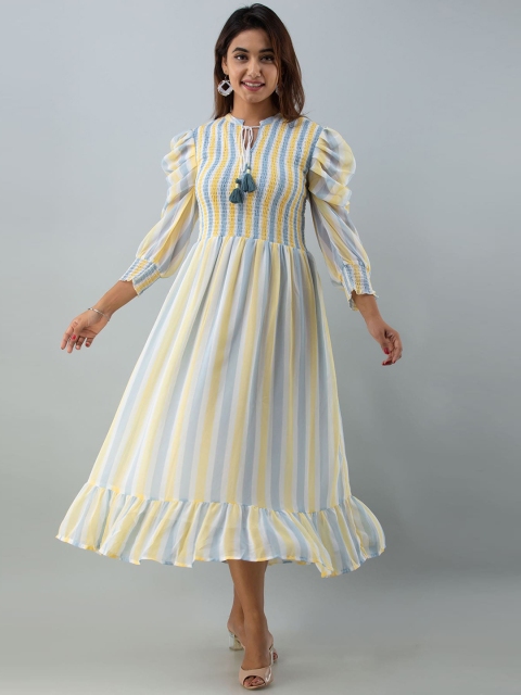 

FASHION DWAR Yellow & Blue Striped Tie-Up Neck Midi Fit and Flare Dress