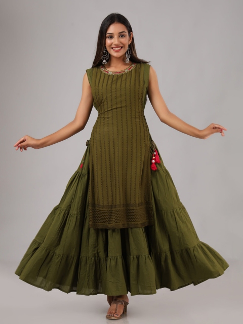 

FASHION DWAR Women Green Embroidered Cotton Two-Piece Maxi Long Ethnic Dress
