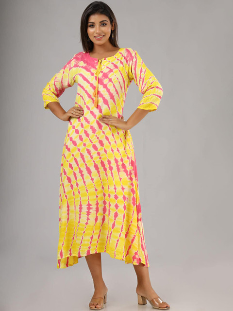 

FASHION DWAR Women Pink Tie & Dye Printed Cotton Maxi Long Ethnic Dresses
