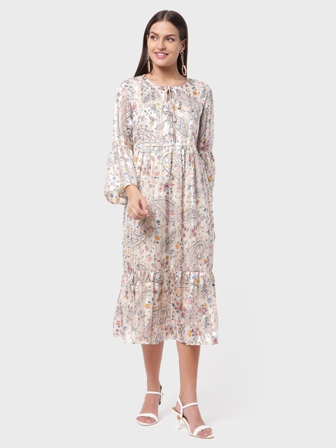 

R&B Beige Ethnic Motifs Tie-Up Neck Midi Dress