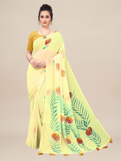 

ZIKARAA Yellow & Green Floral Pure Georgette Block Print Saree