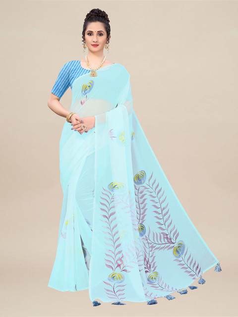 

ZIKARAA Blue & Purple Floral Pure Georgette Saree