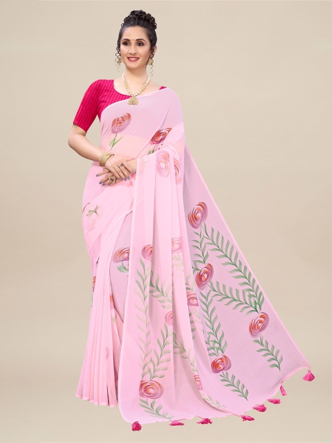 

ZIKARAA Women Pink & Green Floral Pure Georgette Saree