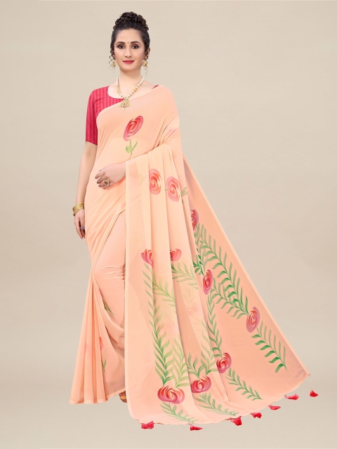 

ZIKARAA Peach-Coloured & Red Floral Pure Georgette Block Print Saree
