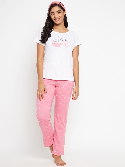 

MADAME M SECRET Hearts Printed Women Pink & White Night Suit Plus Size