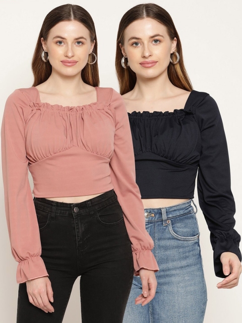 

Miaz Lifestyle Pack Of 2 Rose & Black Puff Sleeves Crop Top